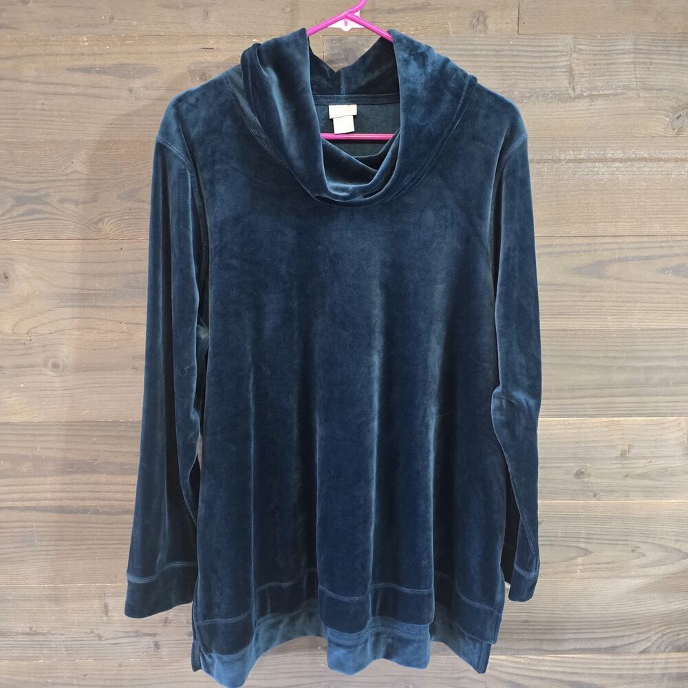 Chico's Zenergy Size 3 Green Ribbed Cowl Neck Tunic Sweater Top